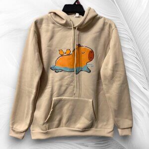 Beige Cozy Hoodie with Cute Animal Graphic Front Pocket Size M